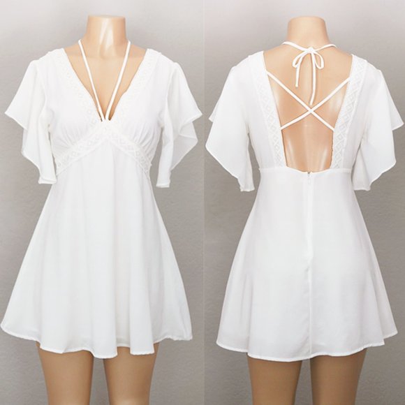 White Plunging V Neck Strappy Skater Mini Dress - Picture 6 of 8